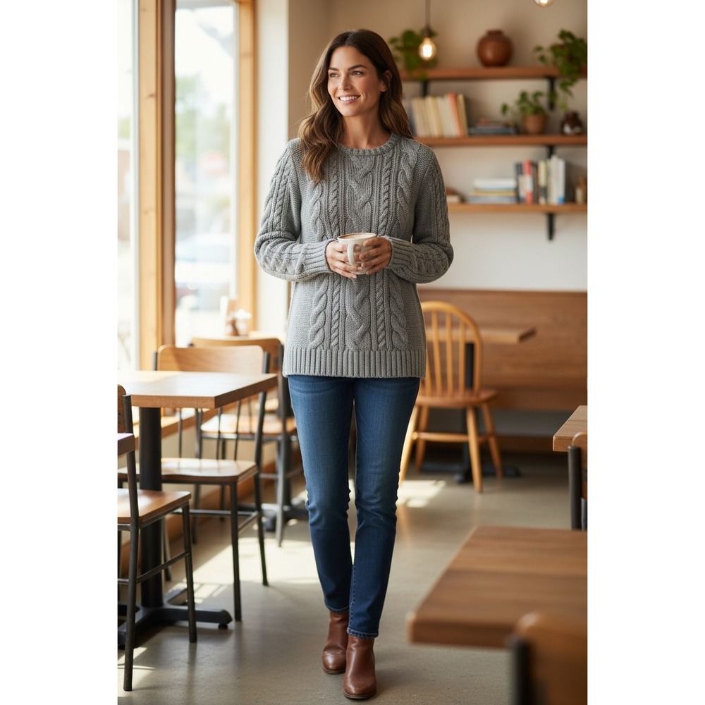 L.L.Bean Women's Grey Cable Knit Crew Neck Cotton Sweater Size Small